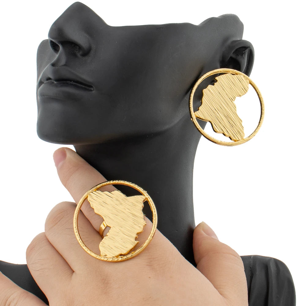 Earrings Jewelry Set for Women African 18k Gold Color Earrings with Ring Unusual Design Ear Accessories Girls Lover Daily Gifts
