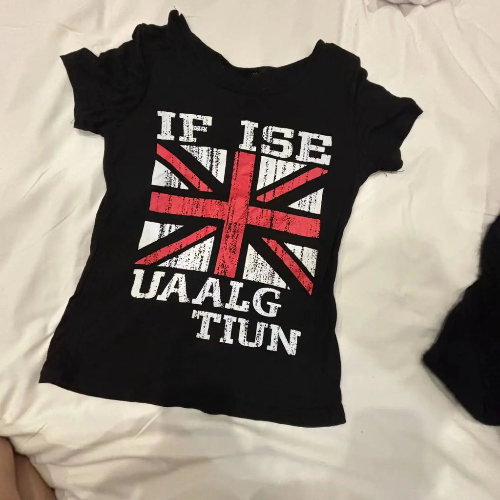 Women Crop Tops for Women Short-sleeved Y2k Vintage T Shirts 2024 Summer Streetwear Casual Black Grunge Letter Print Tees