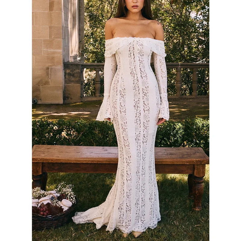 Women's Dresses New Sexy One-word Shoulder Lace Temperament Tube Top Long Dress Slim Fishtail Dress for Women
