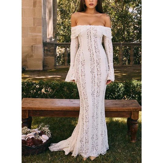 Women's Dresses New Sexy One-word Shoulder Lace Temperament Tube Top Long Dress Slim Fishtail Dress for Women