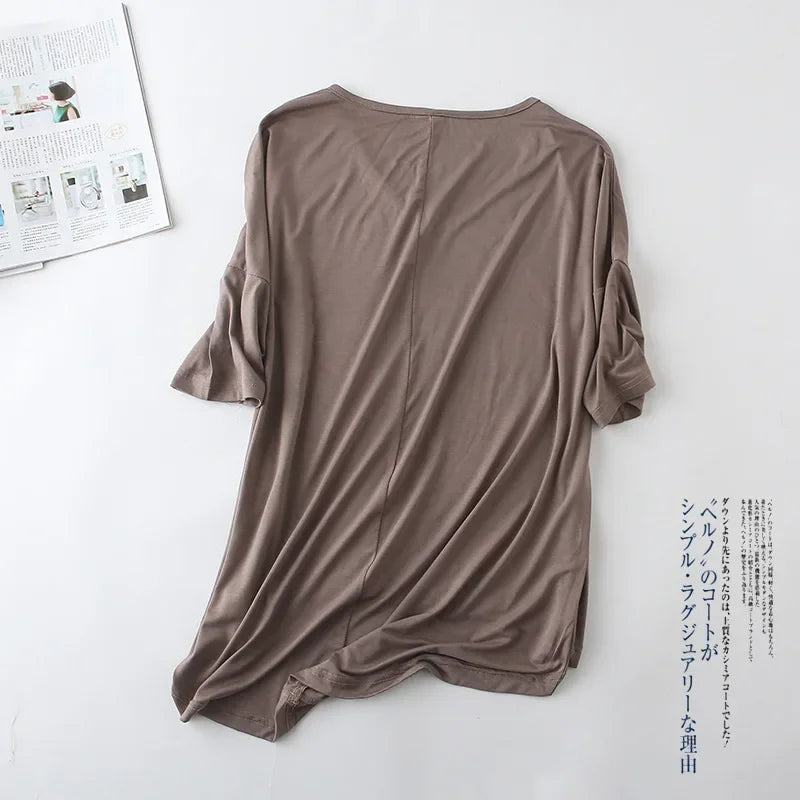 Fashion Tops Tees 2025 Summer T-shirt Women Half-Sleeve Solid Loose Shirt V-neck Oversize Basic Top Shirts for Women Casual