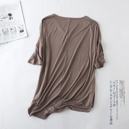 Fashion Tops Tees 2025 Summer T-shirt Women Half-Sleeve Solid Loose Shirt V-neck Oversize Basic Top Shirts for Women Casual