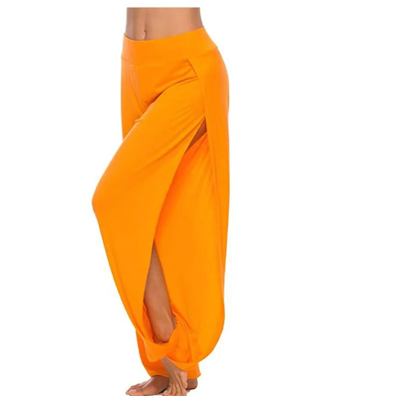 Women Fashion Yoga Pants High Waisted Slit Wide Leg Haren Pants Gym Leggings Casual Solid Hollow Workout Trousers Gym Home Wear