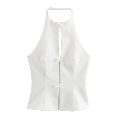 Bow Backless Vest Women Summer Sleeveless Halter Hollow Top Elegant Slim Skirt New Y2k Female Tanks Short Top Office
