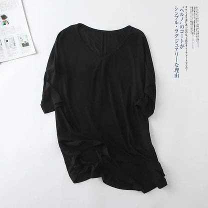 Fashion Tops Tees 2025 Summer T-shirt Women Half-Sleeve Solid Loose Shirt V-neck Oversize Basic Top Shirts for Women Casual