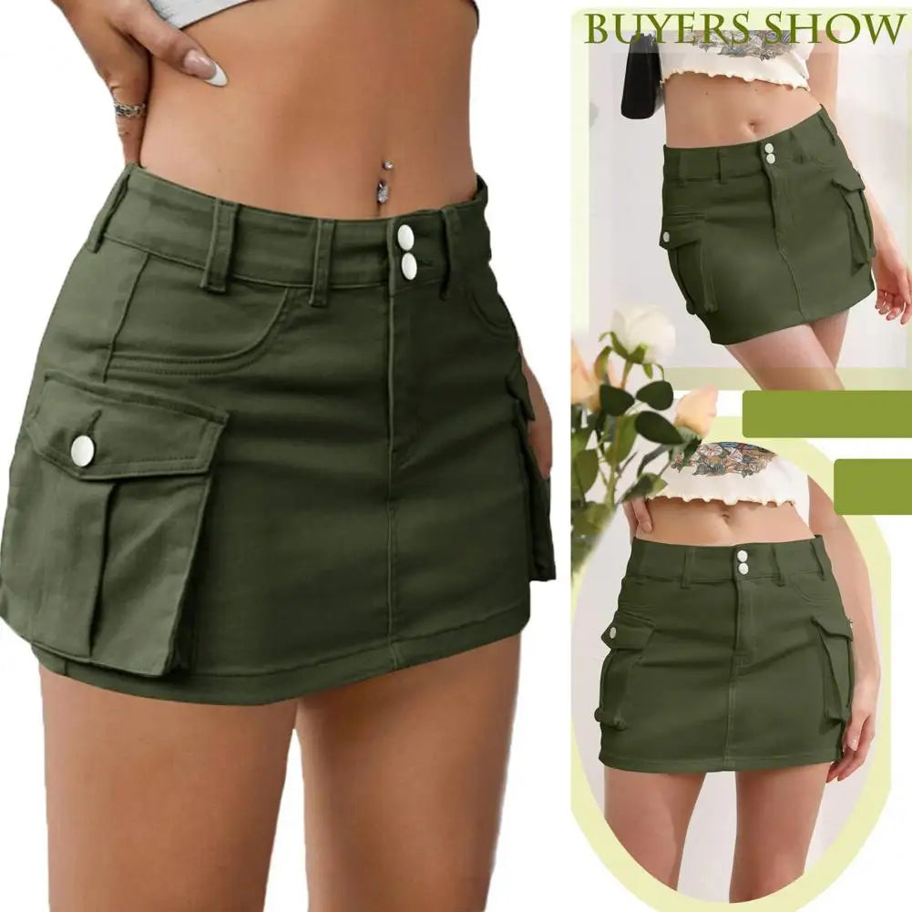 Denim Skirt with Pockets Stylish Women's Denim Cargo Skirt with Button Fly Pockets Low Waist Mini Jean Skirt for Streetwear