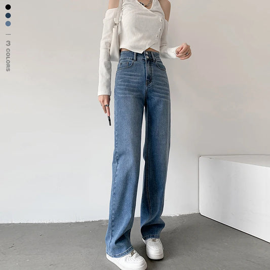 Women's Jeans Autumn High Waist Loose Straight Denim Pants Black Blue Fashion Korean Street Stretch Soft Comfortable Trousers