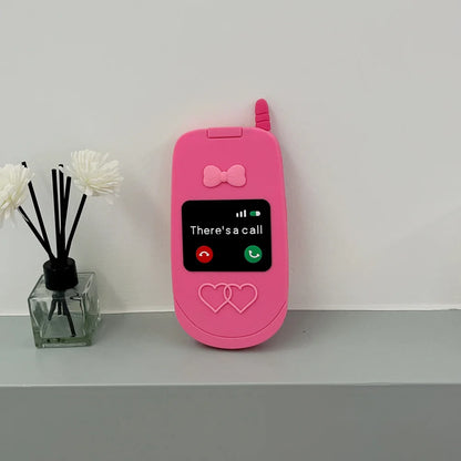 Cute 3D Hot Pink Bow Cellphone Model Flip Mirror Silicone Cases For iPhone 15 14 13 12 Pro Max 11 Shockproof Soft Cover Gifts