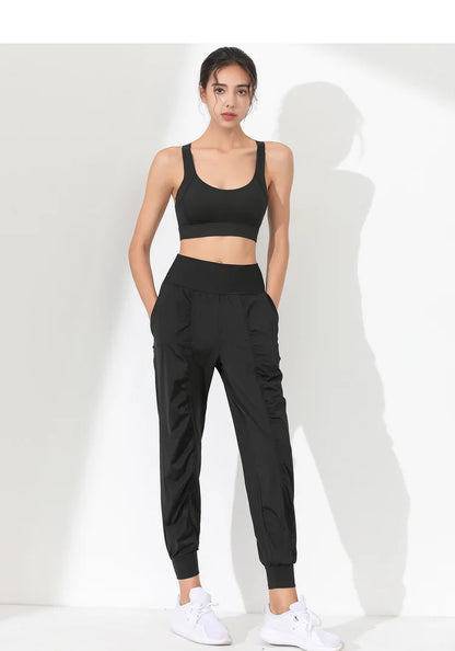 Woman Yoga Pants Hem Bound Running Fitness Loose Slim Quick-Dry Yoga Pants Pleated  Capris Pockets Jogging Pants Sports pants