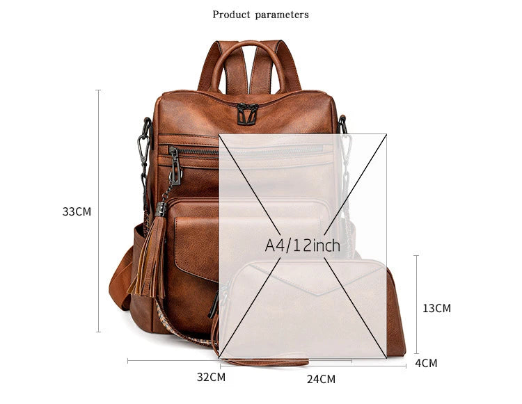 Backpack for Women Large Womens Backpack Leather Travel Fashion Purse Designer Ladies Shoulder Bags with Tassel Two-toned Brown