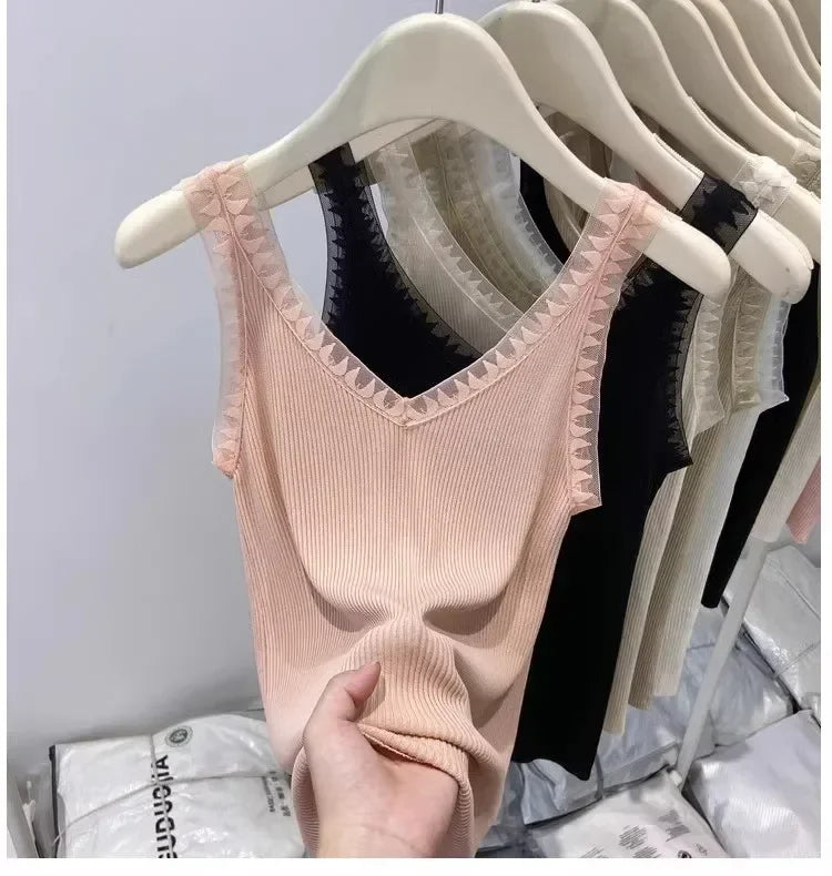 2025 Women Summer Fashion Thin Knitted Undershirt Sleeveless Corset Top Half High Neck Comfortable Breathable Lace Tank Top New