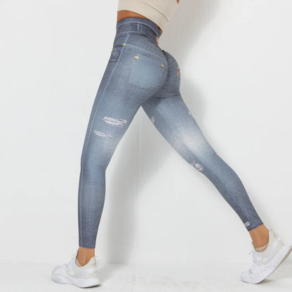 Push Up Yoga Pants Women Fitness Leggings Imitation Jeans Patchwrok Scrunch Tights High Waist Leggings Gym Workout Sport Leggins