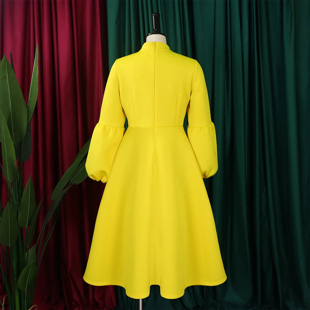 Elegant Dresses for Women Bow Collar Full Sleeve High Waisted A Line Mid Calf Luxury Female Birthday Party Dinner Vestidos Mujer