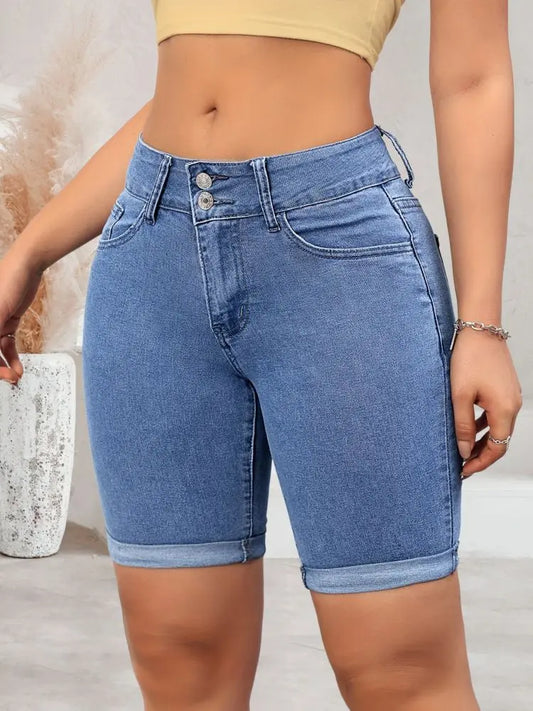 Blue elastic double-breasted fashion shorts jeans women's jeans