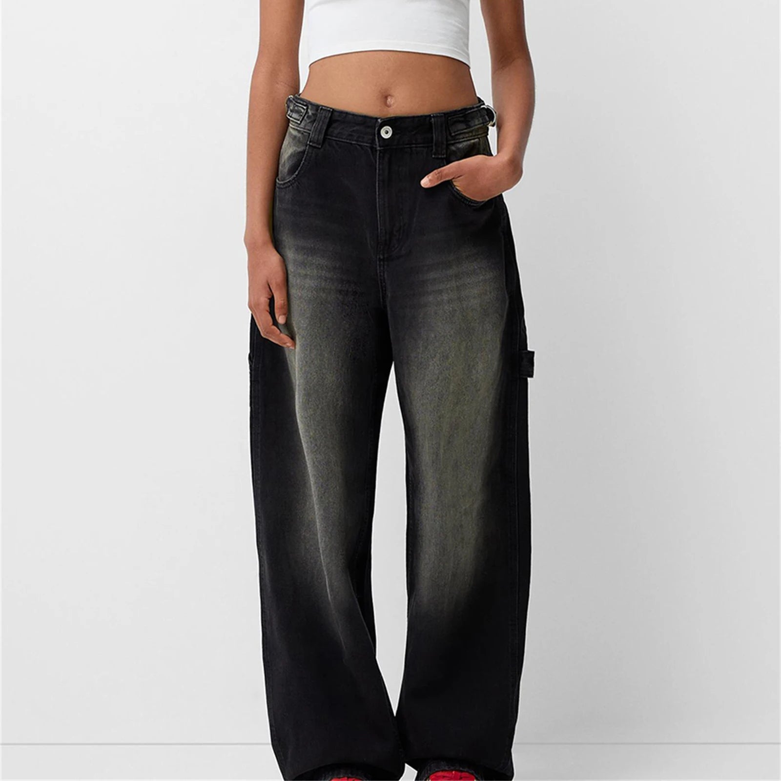 Women Wide Leg Denim Pants Casual Loose Vintage Distressed Jeans Trousers for Work Office Streetwear