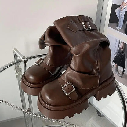 Shoes for Women 2024 Mid-Calf Women's Boots Platform Modern Boots Women Belt Buckle Square Toe Side Zip Square Heel Shoes Female