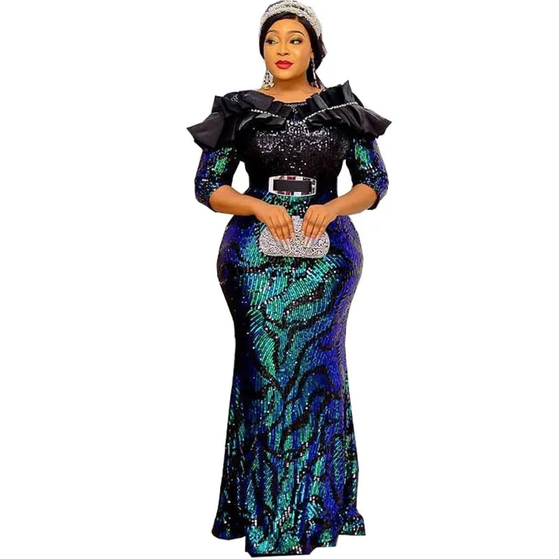African Dresses For Women 2022 Lady Elegant Glittering Evening Dress Sparkle Sequin Sexy Sheath Maxi Party Gowns Come With Belt