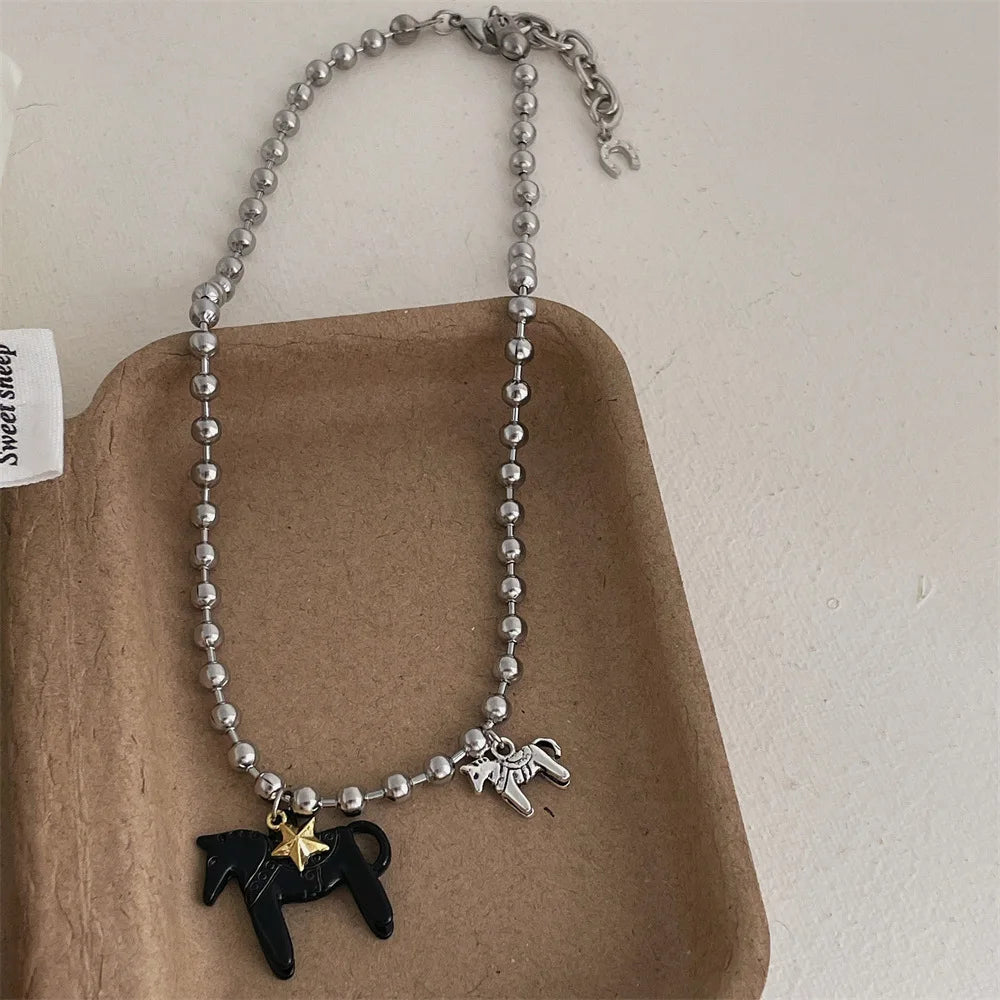 LATS White Black Green Blue Pink Color Enamel Colt Horse Pendant Necklaces for Women Silver Plated Alloy Beads Chain Chokers