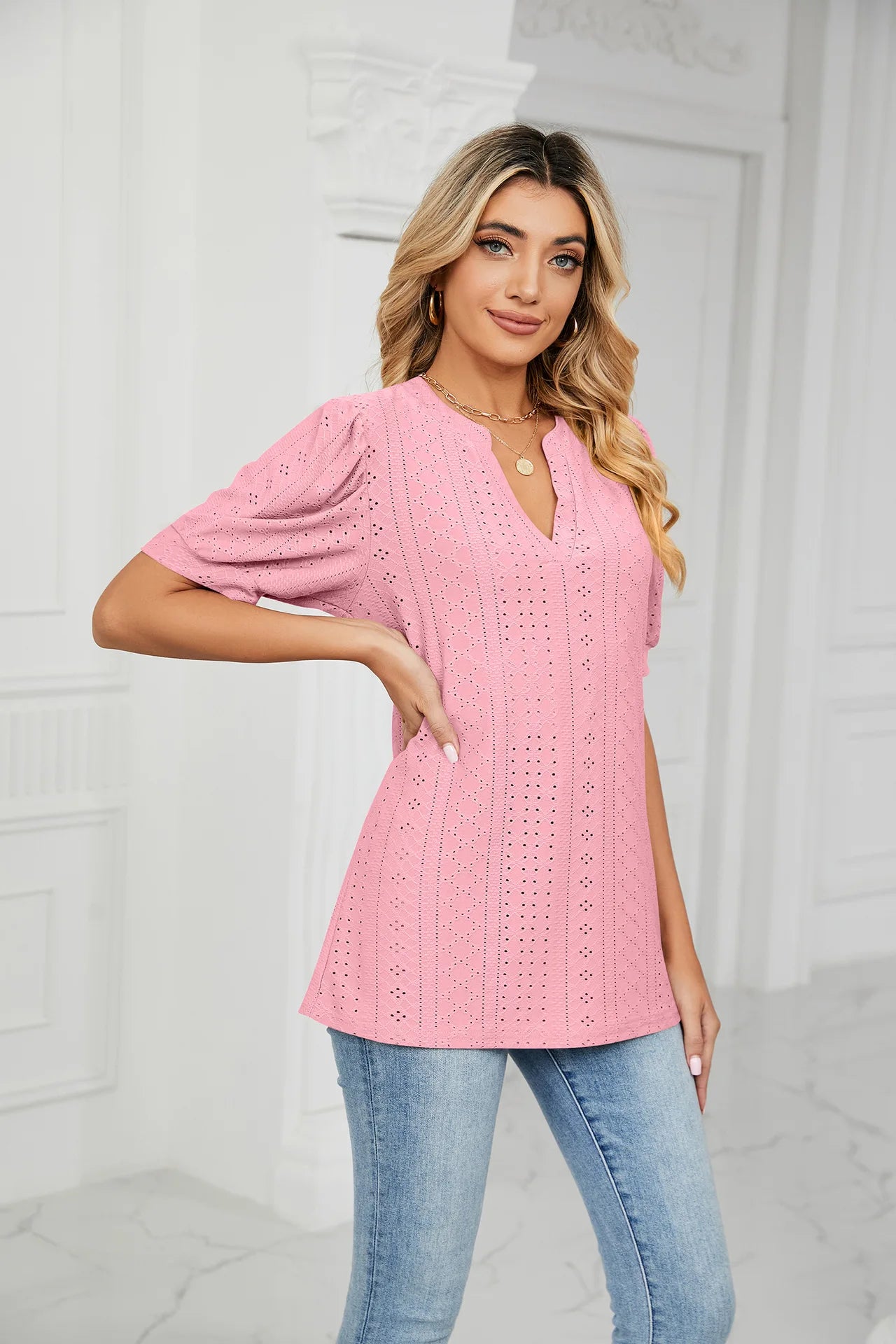Womens Tops V Neck Ruffle Sleeve Blouses Short Sleeve Casual Tops T-Shirts for Women Autumn Winter