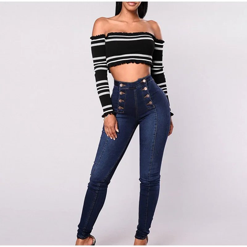 Sexy Stretchy Jeans Women High-waisted Double Breasted Slim Denim Pants Elastic Waist Female Fashion Tight Skinny Denim Trousers