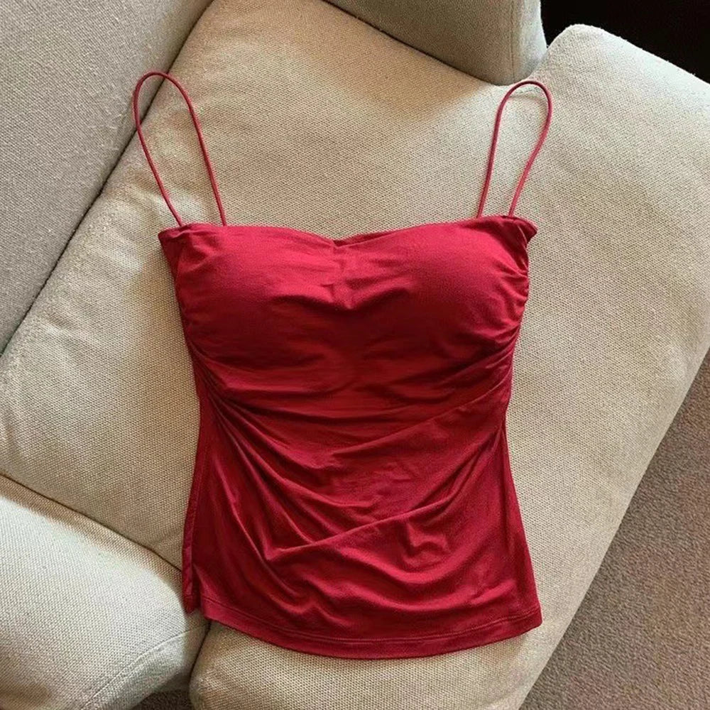 Sleeveless Tees Tank Tops For Women Camisole Vest Cropped Top Slim Fit Solid Color Spaghetti Strap Built In Bra Women Clothes