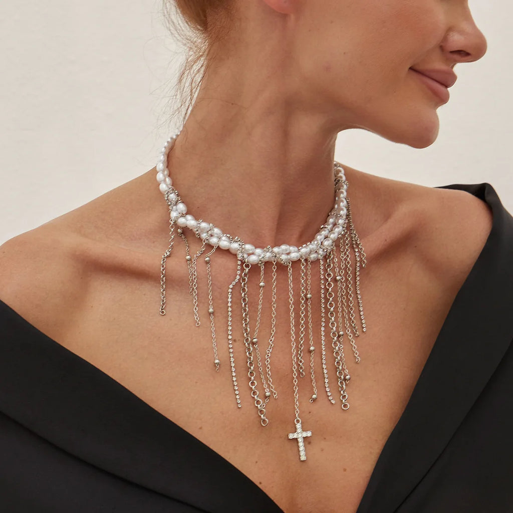 Necklaces for Women Heart-shaped Cross Imitation Pearl Tassel Long Necklace Colliers Femmes Girl Stuff