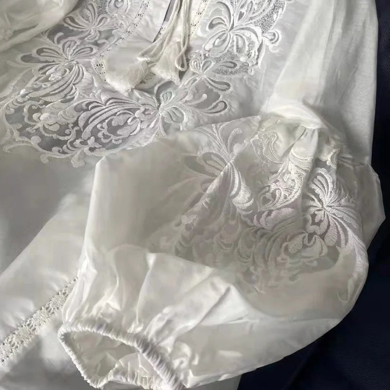 Tops Fashion Designer Blouses 2024 Spring Summer Tops Women Lurex Embroidery Long Sleeve Casual Loose White  Cotton Blouse