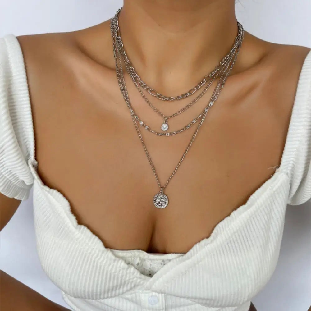 Women Necklace Multi-layered Coin Pendant Punk Style Necklace Hollow Chain Adjustable Length Hip Hop Club Party Neck Jewelry