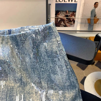 Blue Sequin Denim Skirt Jupe Femme Short Skirts for Women Korean Fashion Faldas Mujer Moda Spring Summer Y2k 2025 Casual High