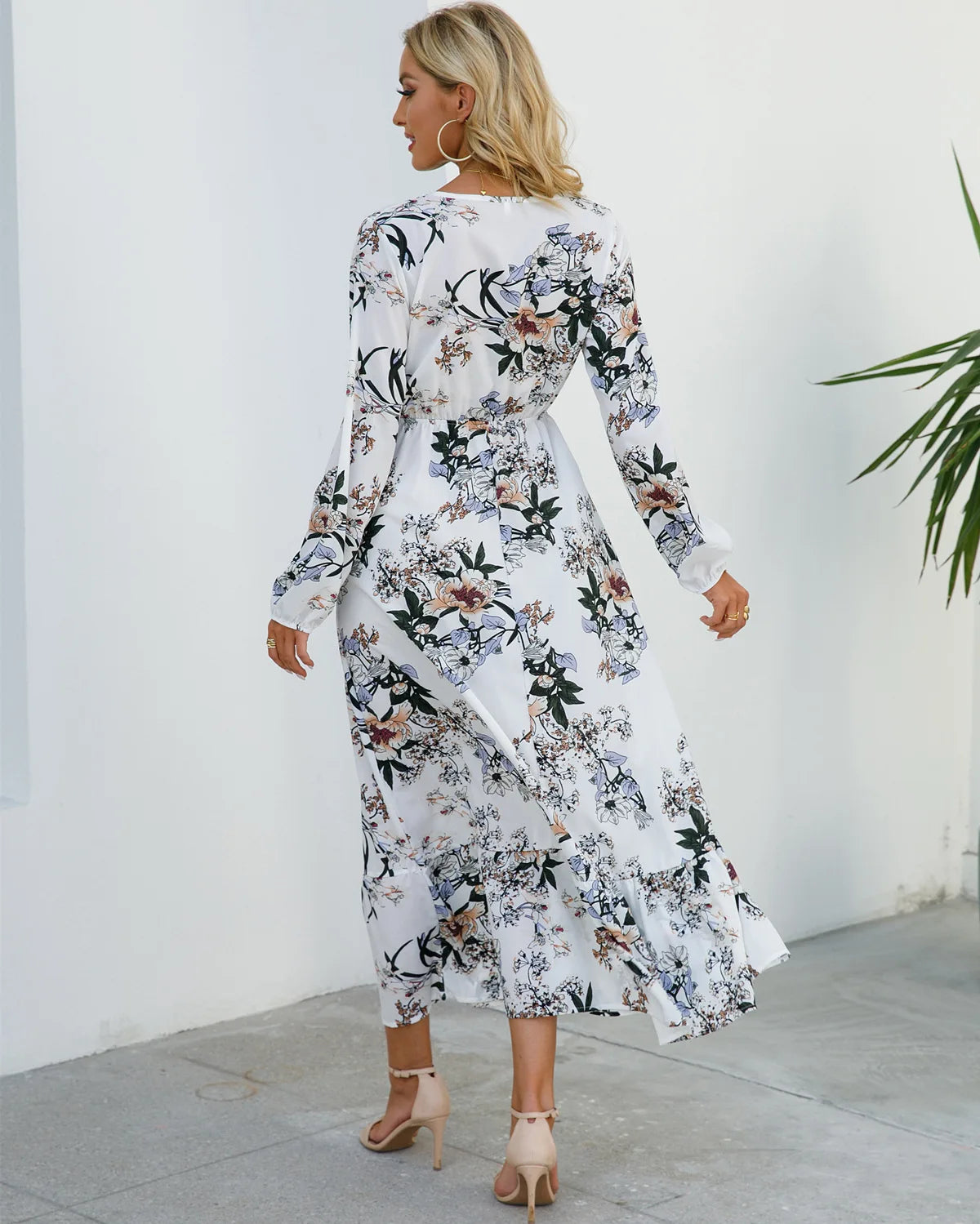 Women Eid Muslim Dresses Tight Waist O Neck Ruffles Spliced Casual Vestidos Flowers Dress Dubai Kaftan Islam Morocco Arab