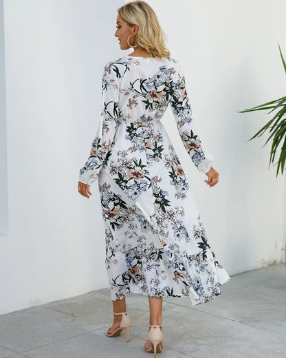 Women Eid Muslim Dresses Tight Waist O Neck Ruffles Spliced Casual Vestidos Flowers Dress Dubai Kaftan Islam Morocco Arab
