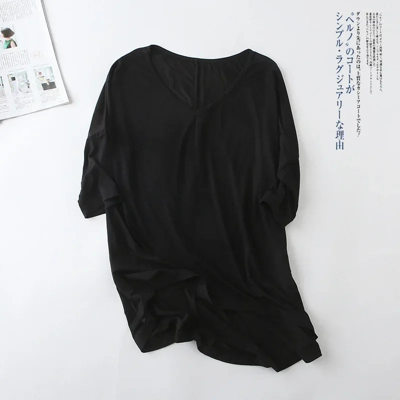 Fashion Tops Tees 2024 Summer T-shirt Women Half-Sleeve Solid Loose Shirt V-neck Oversize Basic Top Shirts for Women Casual