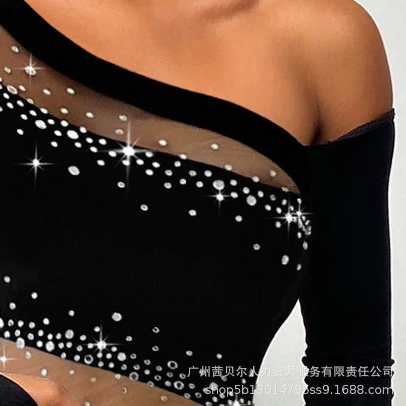 Tops Women Sexy Top Hot Drilling Skew Collar Sheath One Shoulder Y2k Sleeve Slim Fit Y2k Streetwear Elegant Tees T-Shirts