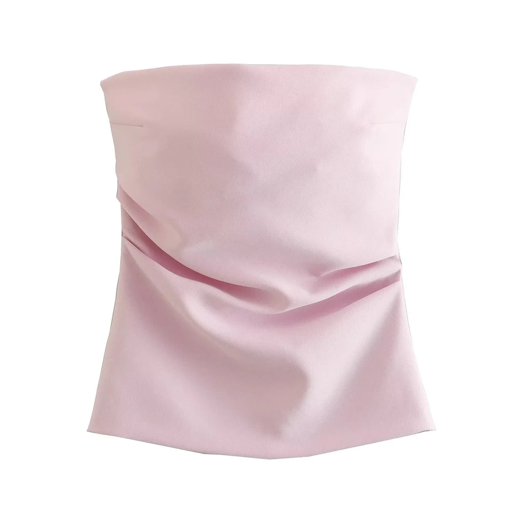 TRAF Women Top Off Shoulder Tube Top Woman Ruched Corset Crop Tops Summer Backless Pink Black White Top Strapless Sexy Tops