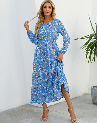 Women Eid Muslim Dresses Tight Waist O Neck Ruffles Spliced Casual Vestidos Flowers Dress Dubai Kaftan Islam Morocco Arab