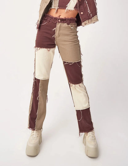 2025 Hot Sale Mixed Color Patchwork Jeans For Women Fashion High Stretch Denim Straight Pants Street Hipster Trousers XS-2XL