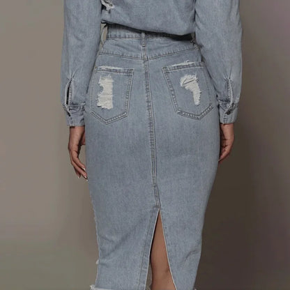 Hole Denim Midi Skirt Women 2024 Spring Summer High Waist Streetwear Sexy Buttocks One Step Skirts Bodycon Vintage Jean Skirts