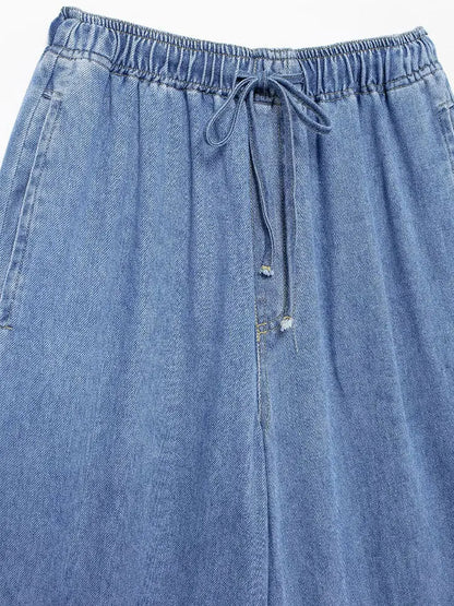 2024 Autumn Denim Pant For Women Loose High Waist Jeans Female Fashion Drawstring Elastic Waist Wide Leg Pants