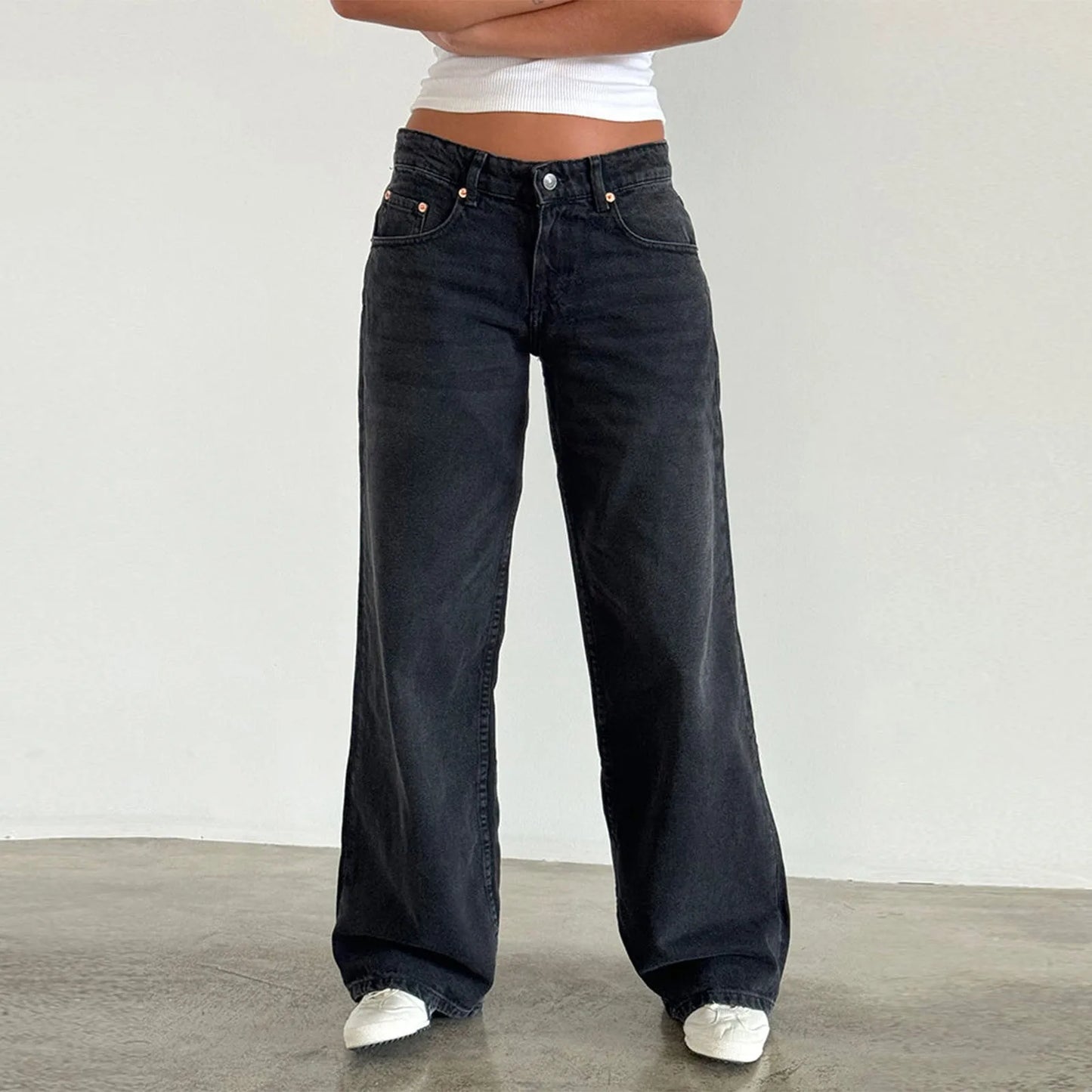 Retro Washed Jeans Women'S Design Sense Mid Waisted Straight-Leg Pants Loose Wide-Leg Mopping Pants Jeans Pants For Woman Jean
