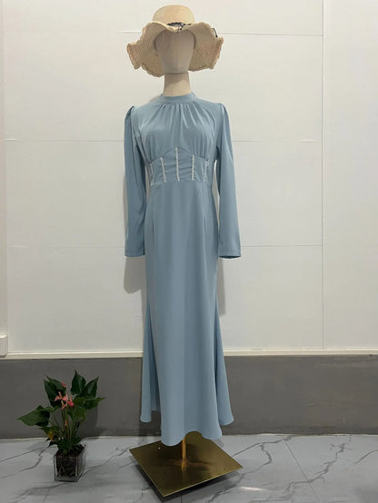 Women Muslim Dresses Slim Party Evening Dress Long Sleeve Pleated Lace-up Irregular Robe Maxi Dress Dubai Abaya Elegant Vestidos