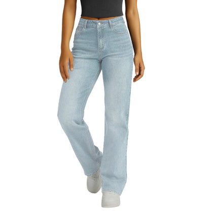 Jeans Women Straight Long Pants Casual Floor Length Mom Pant Blue High Waist Elegant Zipper Fly Pockets Slim Y2k Denim Trousers
