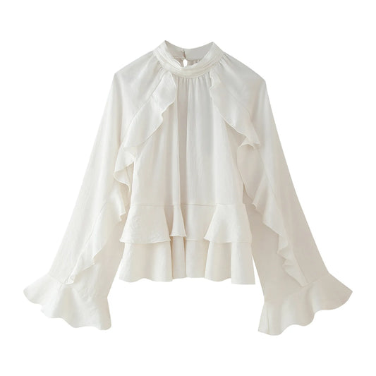 Woman 2025 Tops Ruffle Long Sleeve Top Elegant Womens Blouses Cropped Plain Shirts Beautiful Women's Blouses Vestidos Boho Dress
