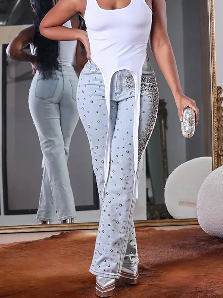 Women's Beading Jeans High Waist Slim Spring Casual Denim Pant Vintage Fashion 2024 Streetwear Straight Jeans Trousers 2024