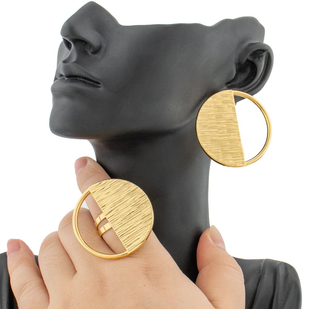 Earrings Jewelry Set for Women African 18k Gold Color Earrings with Ring Unusual Design Ear Accessories Girls Lover Daily Gifts