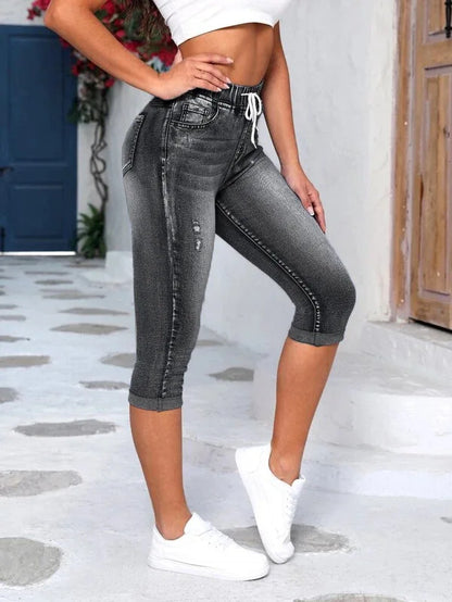 Cross-border New Foreign Trade Women Jeans Elastic Waist Drawstring High Waist Ripped Jeans High Elastic Denim Hot Pants