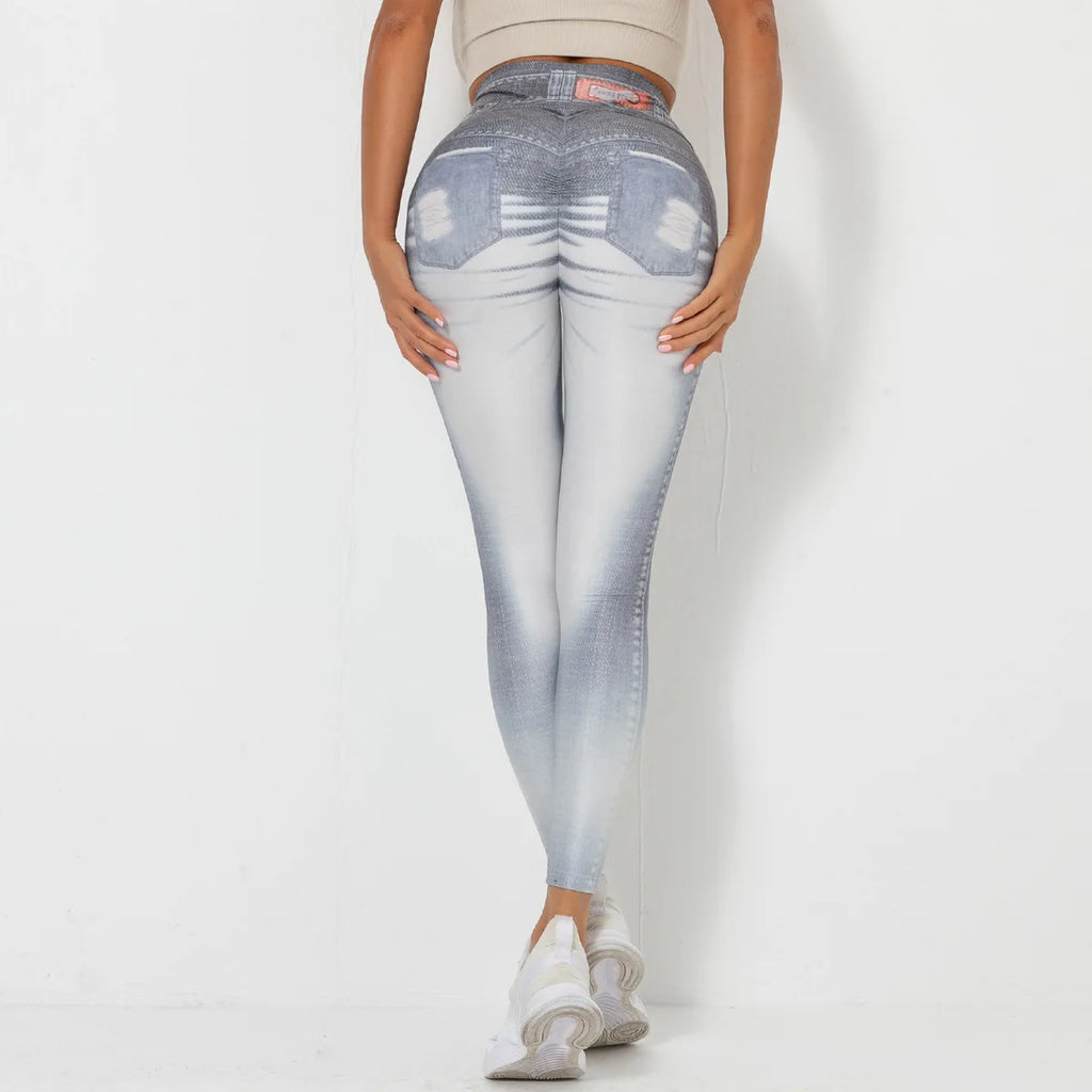 Push Up Yoga Pants Women Fitness Leggings Imitation Jeans Patchwrok Scrunch Tights High Waist Leggings Gym Workout Sport Leggins