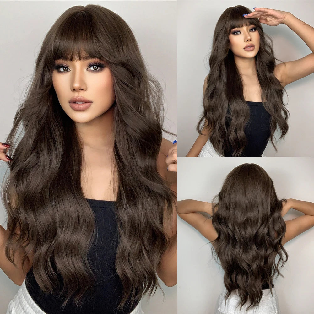 HENRY MARGU Burgundy Long Wavy Wigs Wine Red Wig with Bangs for Women Daily Synthetic Hair Cosplay Wig Heat Resistant Fiber