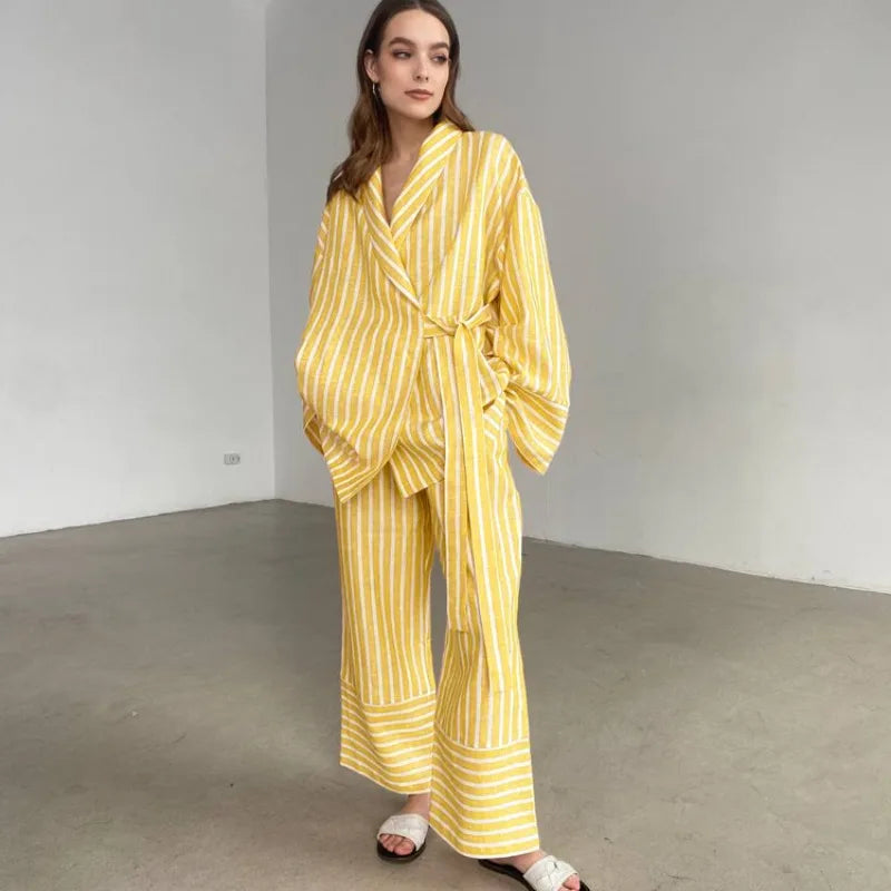 Women's Dress Sets Autumn New Striped Long-sleeved Loose Lace-up Top High-waisted Trousers Fashion Casual Suit for Women