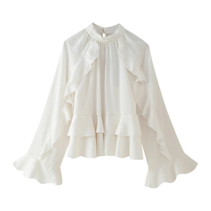 Woman 2025 Tops Ruffle Long Sleeve Top Elegant Womens Blouses Cropped Plain Shirts Beautiful Women's Blouses Vestidos Boho Dress