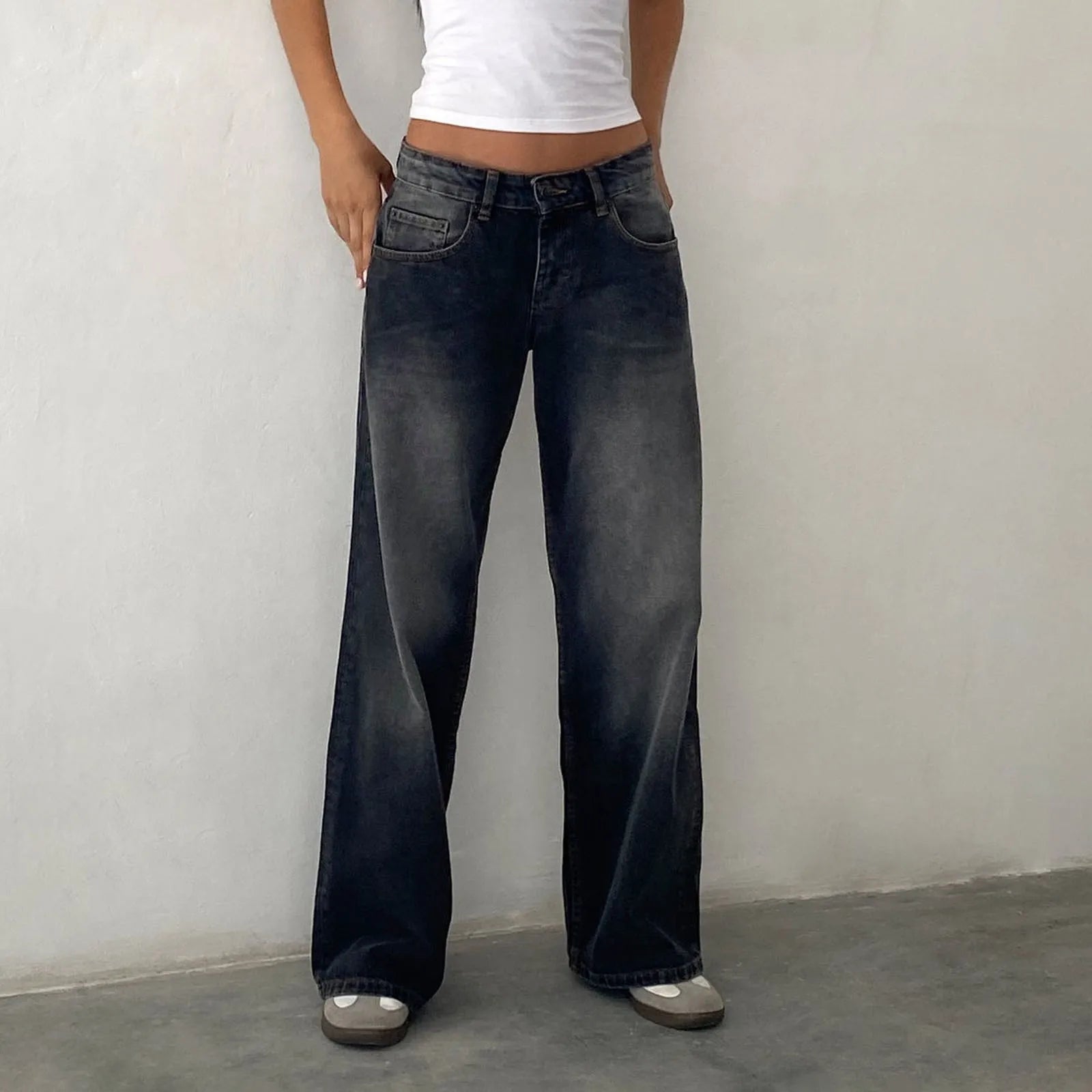 Retro Washed Jeans Women'S Design Sense Mid Waisted Straight-Leg Pants Loose Wide-Leg Mopping Pants Jeans Pants For Woman Jean